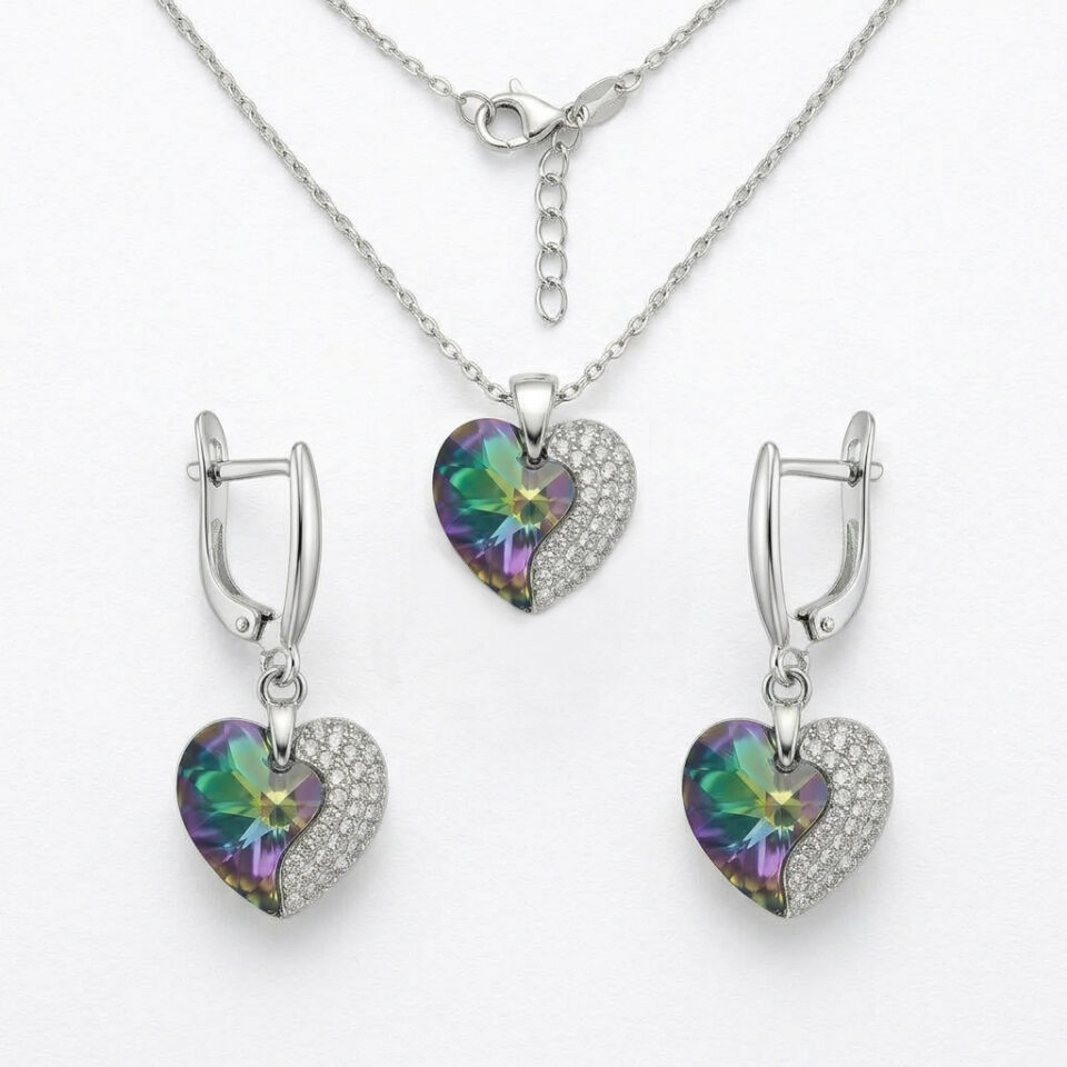 Сребърен комплект колие и обеци с кристални синьо-лилави сърца Swarovski и ръчно инкрустирани камъни