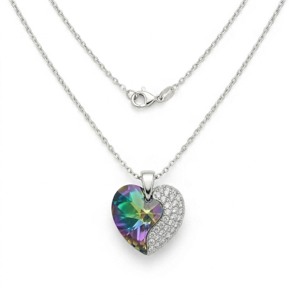 Сребърно колие с кристално синьо-лилаво сърце Swarovski  и ръчно инкрустирани камъни