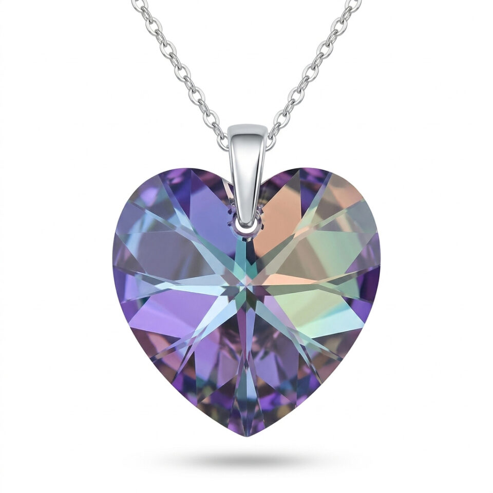 Сребърно колие с кристално лилаво-розово сърце Swarovski